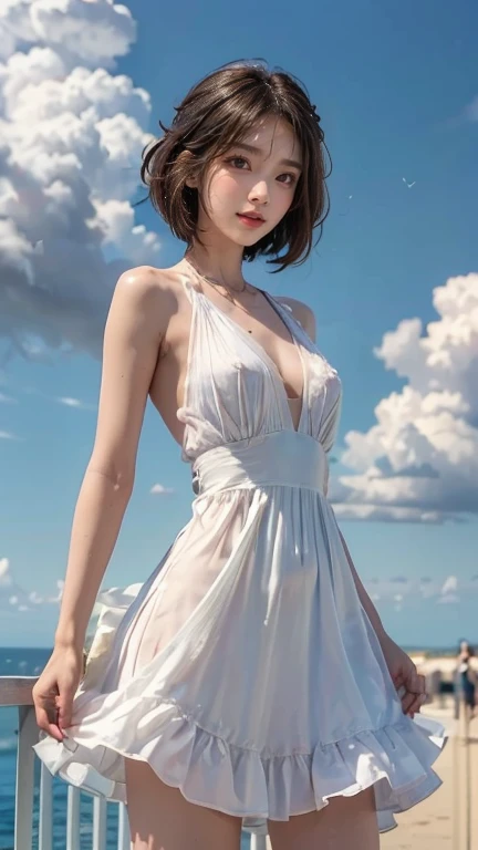 Realism, Surrealist painting, photorealistic realism, (very detailed 8k wallpapers), (extremely delicate and beautiful), (masterpiece), (best quality: 1.5), (ultra resolution: 1.3), detailed skin, ultra-detailed, (short wave hair:1.2), smile, red_hair, breeze, diamond_necklace, full_body, white_off_the_shoulder_shirt_ with_bobo_sleeves, gold_lace, (mountain_top: 1.6), (colorful_clouds), realistic shadows,