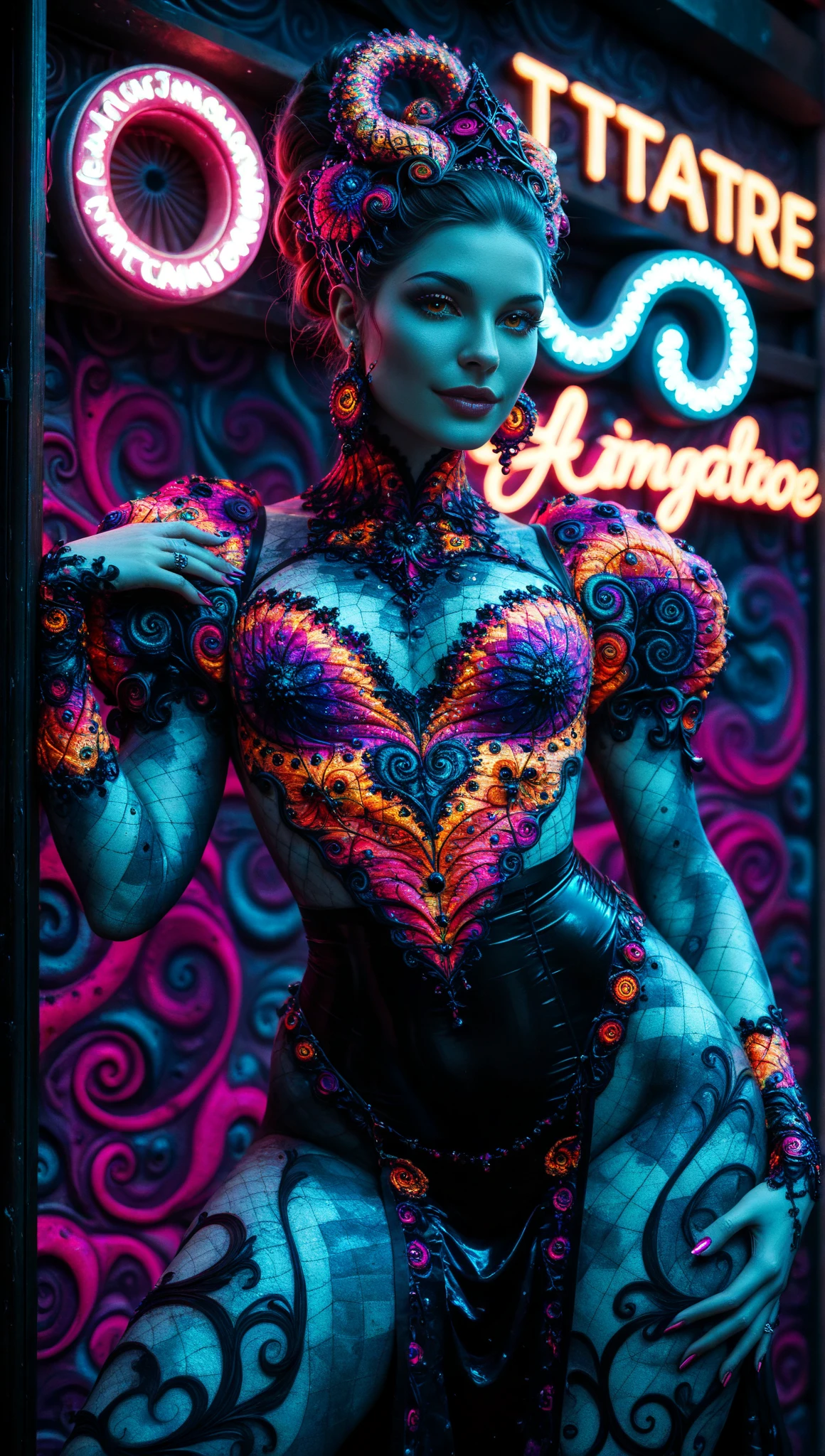 Black light art，(tmasterpiece, de primera calidad,  Better quality at the best,   official art ,  beautiful and beautiful :1.2), ( 1 Giant Chested Girl :1.3), It is very detailed,(s fractal art:1.2),colorful,the most detailed,( Zentangle neon light:1.2), ( dynamic poses ), (Abstract background neon lights:1.5), ( Traditional costumes :1.2), ( Shiny and lustrous skin ), (many colors:1.4), neon,16K,full hd