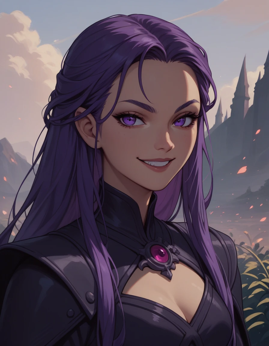 blackfirett, 1girl, solo, long hair,purple eyes, purple hair, outside, looking at viewer, evil smile, upper body, 