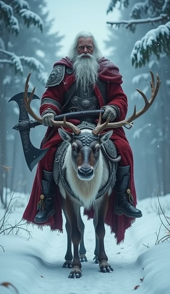 (best quality, 128k,highres,masterpiece:1.2),ultra-detailed,(realistic,photorealistic,photo-realistic:1.37), ((masterpiece)) ((photography)) ((Highest quality)) A powerful and majestic Nordic Santa Claus riding a grand armored reindeer through a snowy enchanted forest. Santa wears a red fur-lined cloak with intricate silver embroidery, holding an enormous battle axe engraved with Nordic runes. The reindeer is adorned with ornate ceremonial armor, featuring antlers decorated with mystical carvings. The atmosphere is cold, with dense snow falling, creating a magical yet ominous ambiance. Highly detailed and ultra-realistic, emphasizing the textures of fur, metal, and snow, in cinematic lighting.