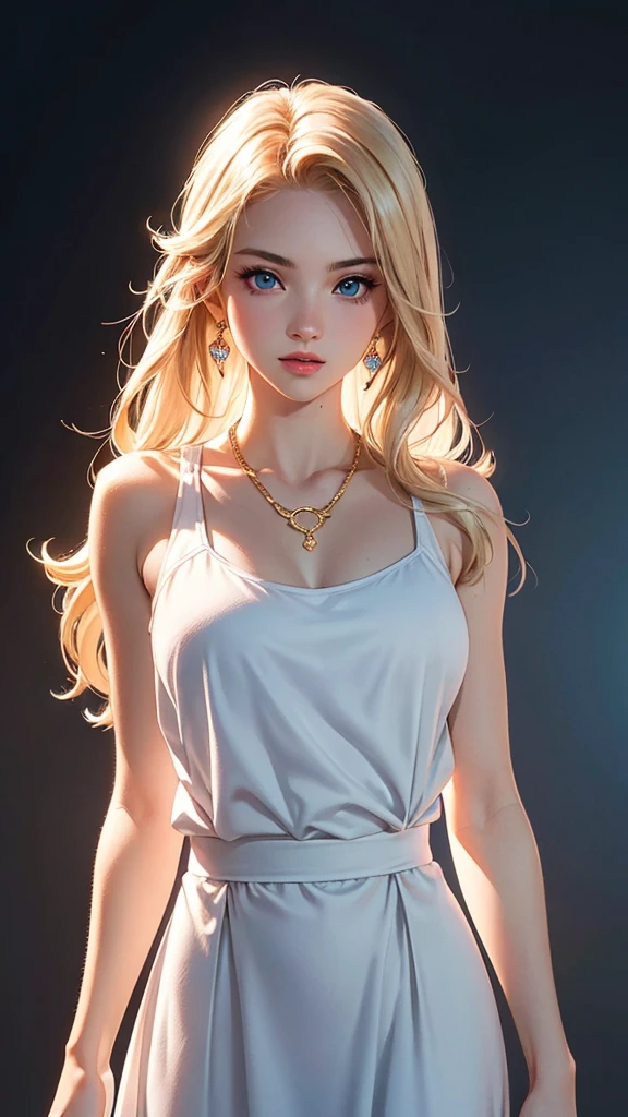 masterpiece, best quality, 1girl, <lora:lunafreya-nvwls-v1-000009:0.9> lunafreya, braid, ponytail, necklace, white dress, sleeveless dress, long dress, large breasts, hand on own chest, looking at viewer, abstract background, black background, upper body