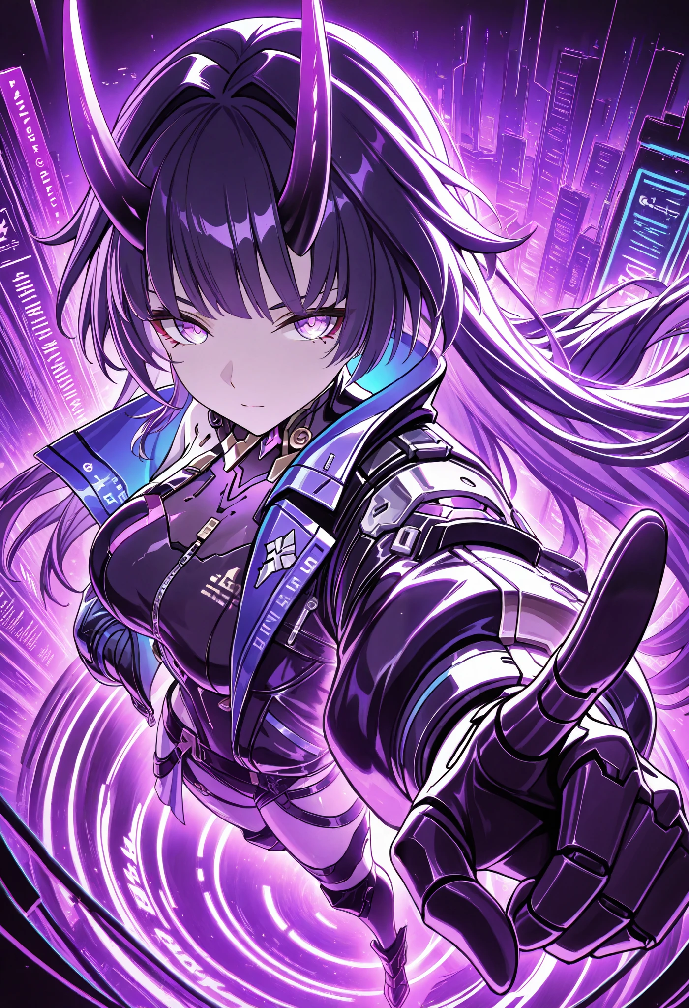 1girl ,solo, raiden mei (Herrscher of thunder)\(honkai series\), purple horn,foreshortening, pointing finger,purple cyberpunk jacket,spark, dynamic light, simple background, purple theme,from above,(cyberpunk theme),neon on the background,cinematography, masterpiece, best quality, newest, absurdres