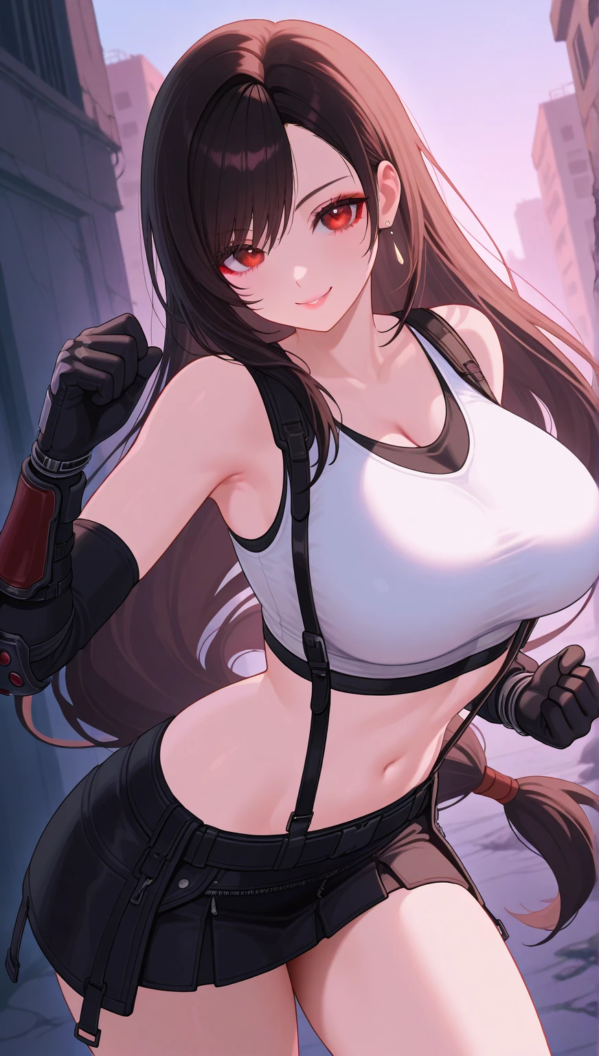 (masterpiece), (portrait), big breasts (aesthetics), ((1 female 21 years old)), Highlight earrings), ((long hair)), ((Hot crystal black hair)), ((Tifa Lockhart)) straight hair, thin eyes open, red eyes, cute, naughty smile, woman, feminine, beautiful, female features, top, high quality, aesthetic clothing, professional angle, (rule of thirds), (feminine), (feminine), (feminine), (beautiful) , (female ) features), solo, (Korean attractive), summer, (ink haze), (afternoon), (vibrant light), seductive posture, ((face looking forward))), Tifa Lockhart, mini skirt, suspenders, strap tank top, long leather gloves, sensual ((Energy)), (Bold Makeup), (Big Breasts), Fair Skin, (Clothes with Hip Hop Details), (a Tifa Lockhart, sculptural body, fighting pose), (Sleep Neckline), Beautiful Hands, Body beautiful, beautiful ears, beautiful eyes, bright eyes, beautiful mouth, beautiful lips, abandoned building, all trickery