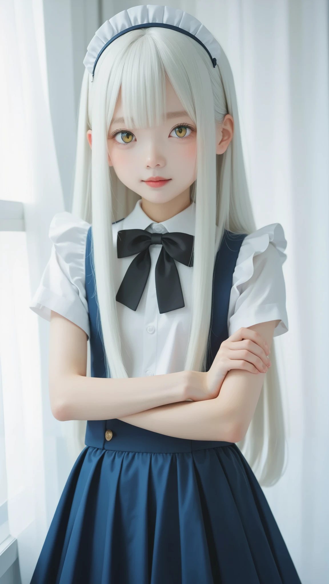    maid clothes,***************************, cute girl,masterpiece, ((  long hair )),  long white hair ,  very long straight hair, Short bangs, アルビノの white skin, Pale yellow eyes , Narrow shoulders,  white skin,Thin arms, skinny