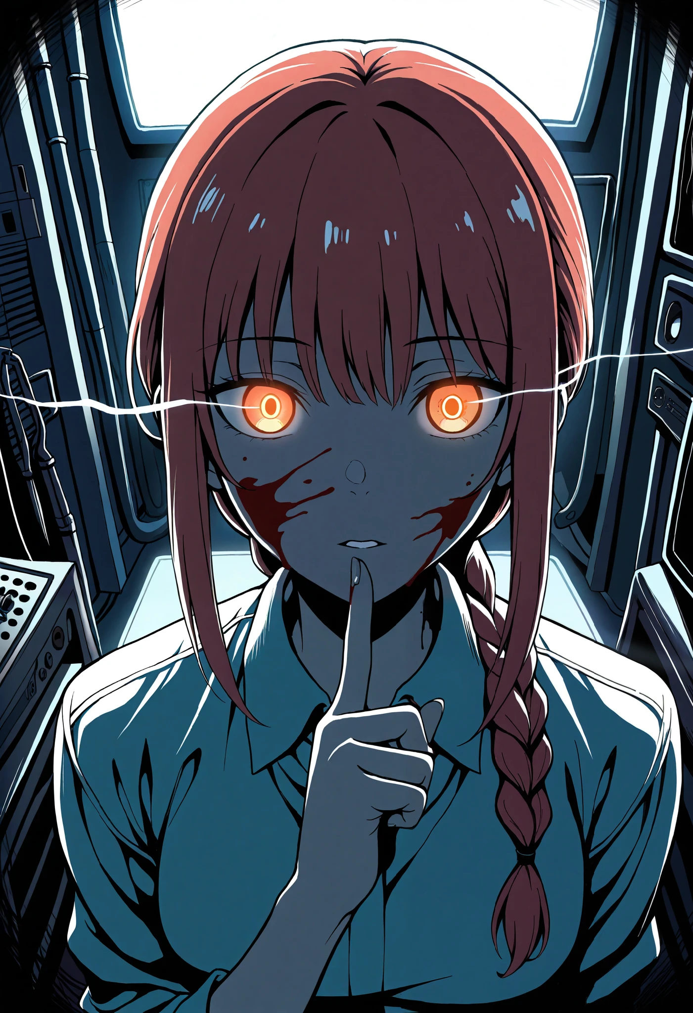 1girl, makima \(chainsawman\),flat color, dark, horror, blood on face, orange eyes, finger to own lips, glowing eyes, eye trail, looking at viewer, interior studio, indoor,  tv, dynamic pose,dim light, cinematography, masterpiece, best quality, newest, absurdres