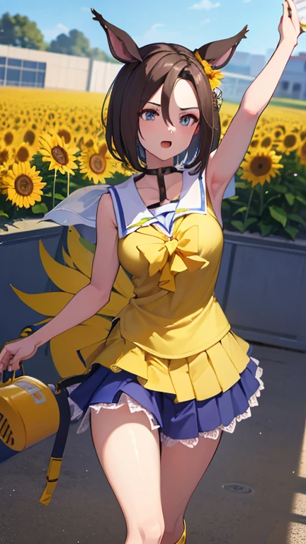 (   top quality : 1.2,masterpiece: 1.2),8k,    professional lighting  ,  movie lights,   super real ,,   super high res,,( medically accurate body  ),(  anatomically accurate body ), Air Groove（ Uma Musume）、 sunflowers in the back of the schoolyard、 fired up at the back of the schoolyard 、I'm watering 、