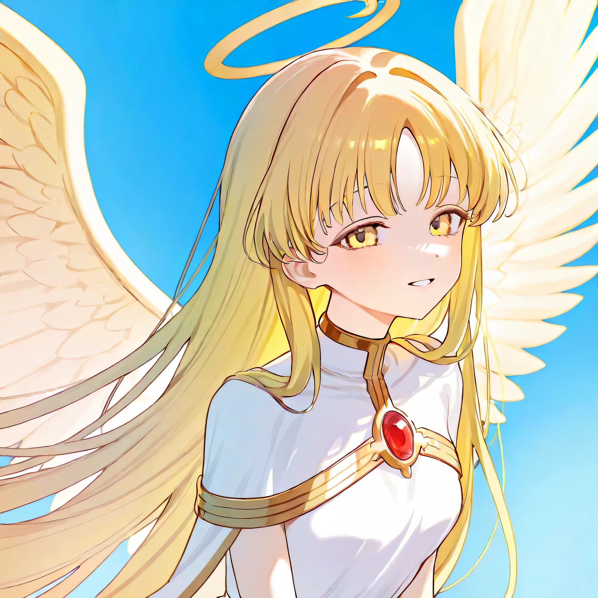 1girl, ethereal angel, long flowing blonde hair, golden halo, white feathery wings, delicate white dress with golden accent, divine and serene atmosphere, detailed wings, blue background, heavenly aesthetic.upper body, focus on the face 


