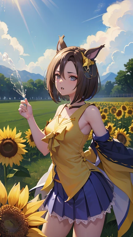 (   top quality : 1.2,masterpiece: 1.2),8k,    professional lighting  ,  movie lights,   super real ,,   super high res,,( medically accurate body  ),(  anatomically accurate body  ), Air Groove（ Uma Musume）、 watering sunflowers、 fired up at the back of the schoolyard 、I'm looking at a sunflower、I'm watering 、