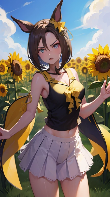 (   top quality : 1.2,masterpiece: 1.2),8k,    professional lighting  ,  movie lights,   super real ,,   super high res,,( medically accurate body  ),(  anatomically accurate body  ), Air Groove（ Uma Musume）、 watering sunflowers、 is angry、I'm looking at a sunflower、I'm watering 、