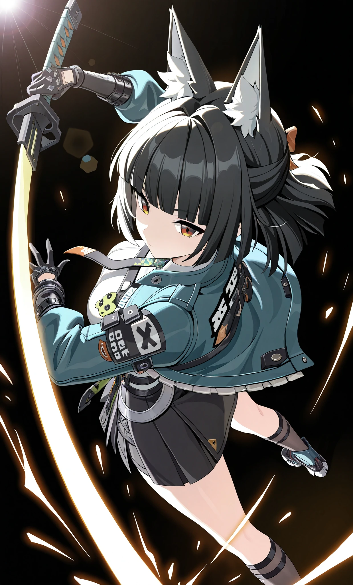 1girl,hoshimi miyabi, zenless zone zero, from above, side angle, foreshortening, fluff animal ear, black glove, black hair, black skirt, blunt bangs, jacket, holding sword, , energy katana, sparks, simple dynamic black background, lens flare,cinematography, masterpiece, best quality, newest, absurdres