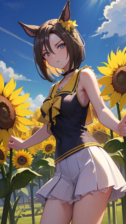 (   top quality : 1.2,masterpiece: 1.2),8k,    professional lighting  ,  movie lights,   super real ,,   super high res,,( medically accurate body  ),(  anatomically accurate body ), Air Groove（ Uma Musume）、 sunflowers in the back of the schoolyard、 is angry、I'm looking at a sunflower、I'm watering 、