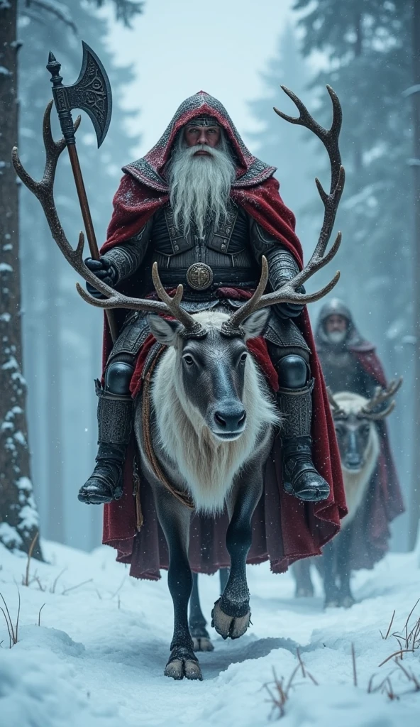 (best quality, 128k,highres,masterpiece:1.2),ultra-detailed,(realistic,photorealistic,photo-realistic:1.37), ((masterpiece)) ((photography)) ((Highest quality)) A powerful and majestic Nordic Santa Claus riding a grand armored reindeer through a snowy enchanted forest. Santa wears a red fur-lined cloak with intricate silver embroidery, holding an enormous battle axe engraved with Nordic runes. The reindeer is adorned with ornate ceremonial armor, featuring antlers decorated with mystical carvings. The atmosphere is cold, with dense snow falling, creating a magical yet ominous ambiance. Highly detailed and ultra-realistic, emphasizing the textures of fur, metal, and snow, in cinematic lighting.