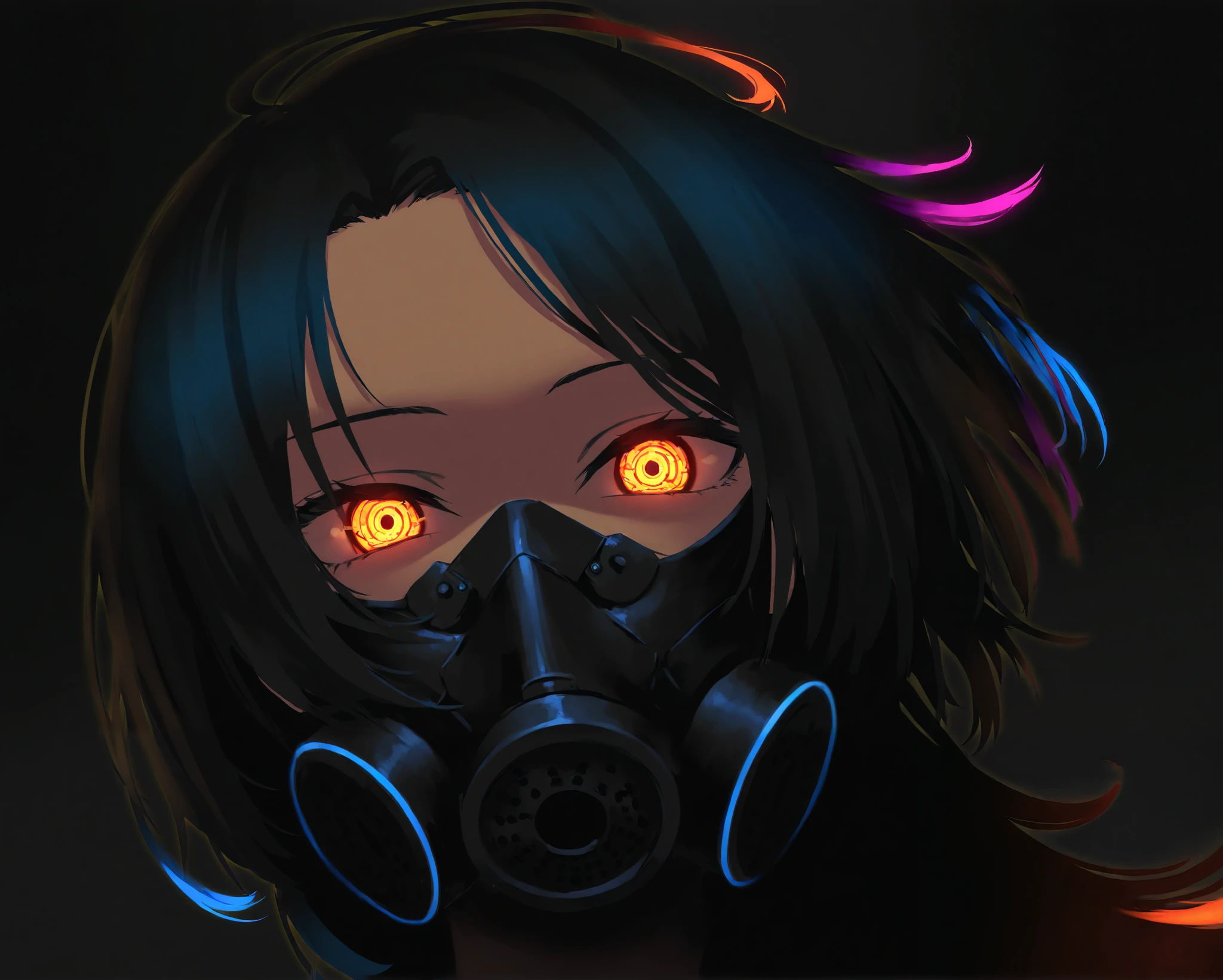 (limited palette:1.2), black background, colorful, (vibrant, glowing outline, neon hair, blacklight:1.2), looking at viewer, (side view:0.1), masterpiece, best quality, absurdres, very aesthetic, gas mask, orange eye, girl, stern eyes, beautiful eyes,