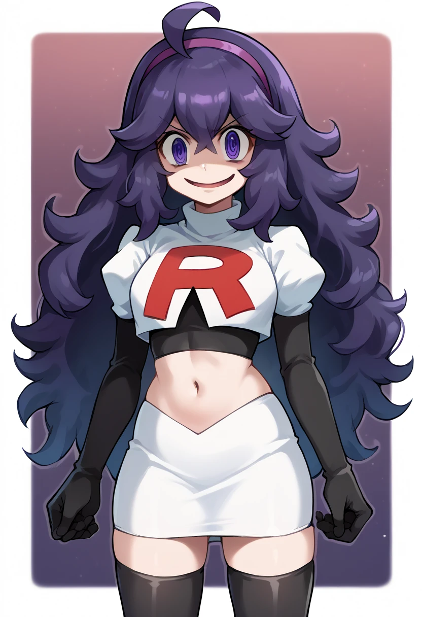 score_9, score_8_up, score_7_up, source_anime,
hexmaniac, hex maniac, hairband, messy hair, purple eyes, purple hair, purple hairband, @ @,
looking at viewer, cowboy shot, team rocket,team rocket uniform,white skirt,red letter R,crop top,black thigh-highs,black elbow gloves