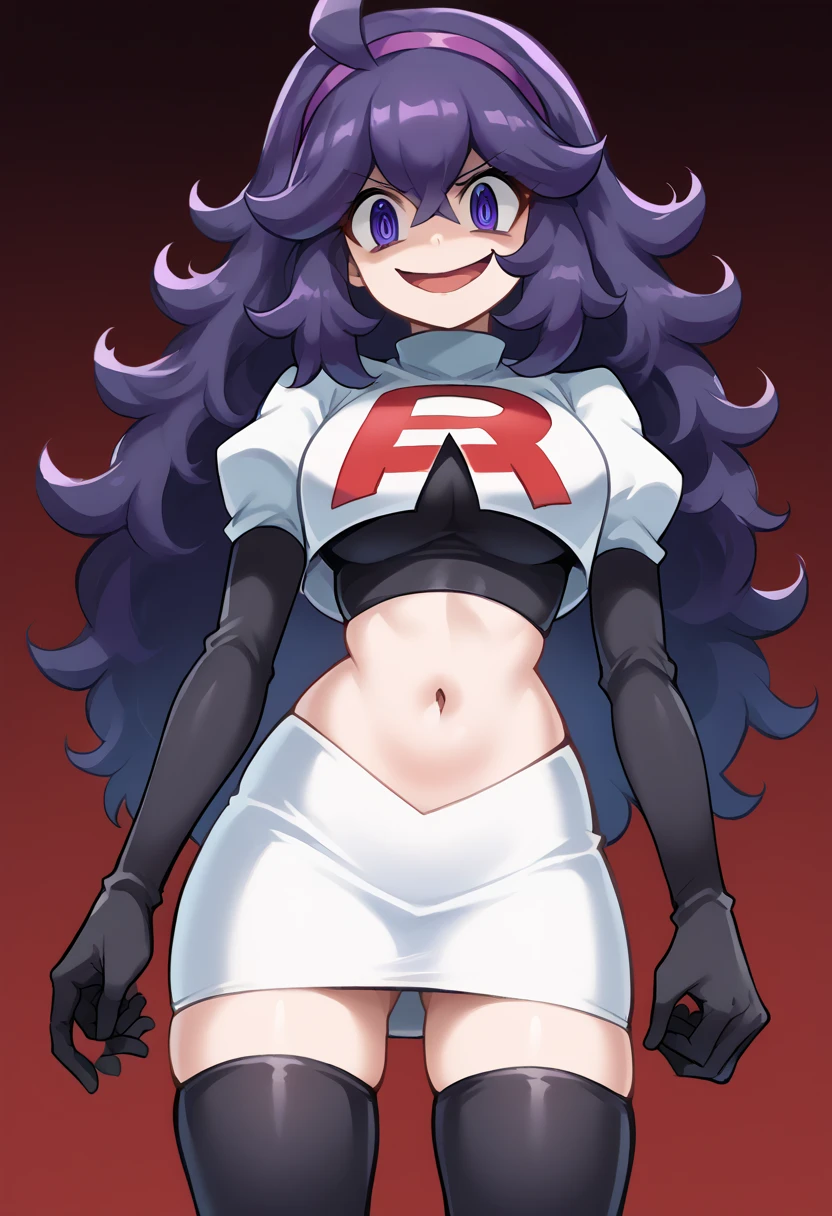 score_9, score_8_up, score_7_up, source_anime,
hexmaniac, hex maniac, hairband, messy hair, purple eyes, purple hair, purple hairband, @ @,
looking at viewer, cowboy shot, team rocket,team rocket uniform,white skirt,red letter R,crop top,black thigh-highs,black elbow gloves