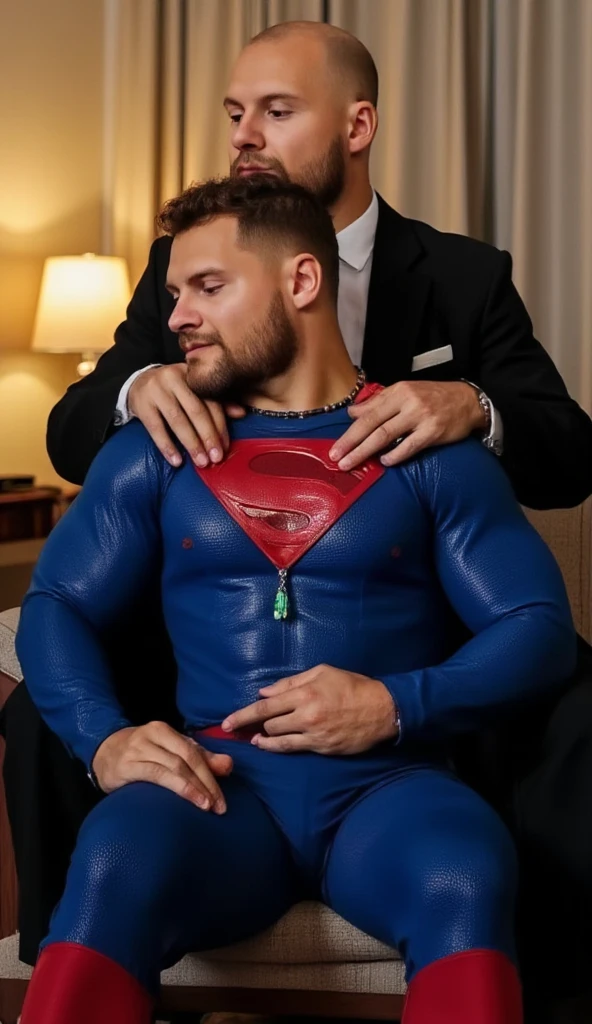 They kiss each oter. Superman can't refuse kiss.gay kiss.full body shot of a muscular attractive, nick bosa good looking man with Short stubble, muscular thighs, dressed in a blue Superman costume. He has a pained expression, orgasm face, eyes closed, mouth slightly open. He is at home on sofa, a bright emerald green crystal pendant hanging from his neck. He appears weak and in pain, with his eyes closed. Behind nick bosa stands Lex is bald man wearing black suits, touching Superman's chest with his hands. Lex kiss Superman.They kiss each other. Superman can't refuse passion kiss. Gay kiss