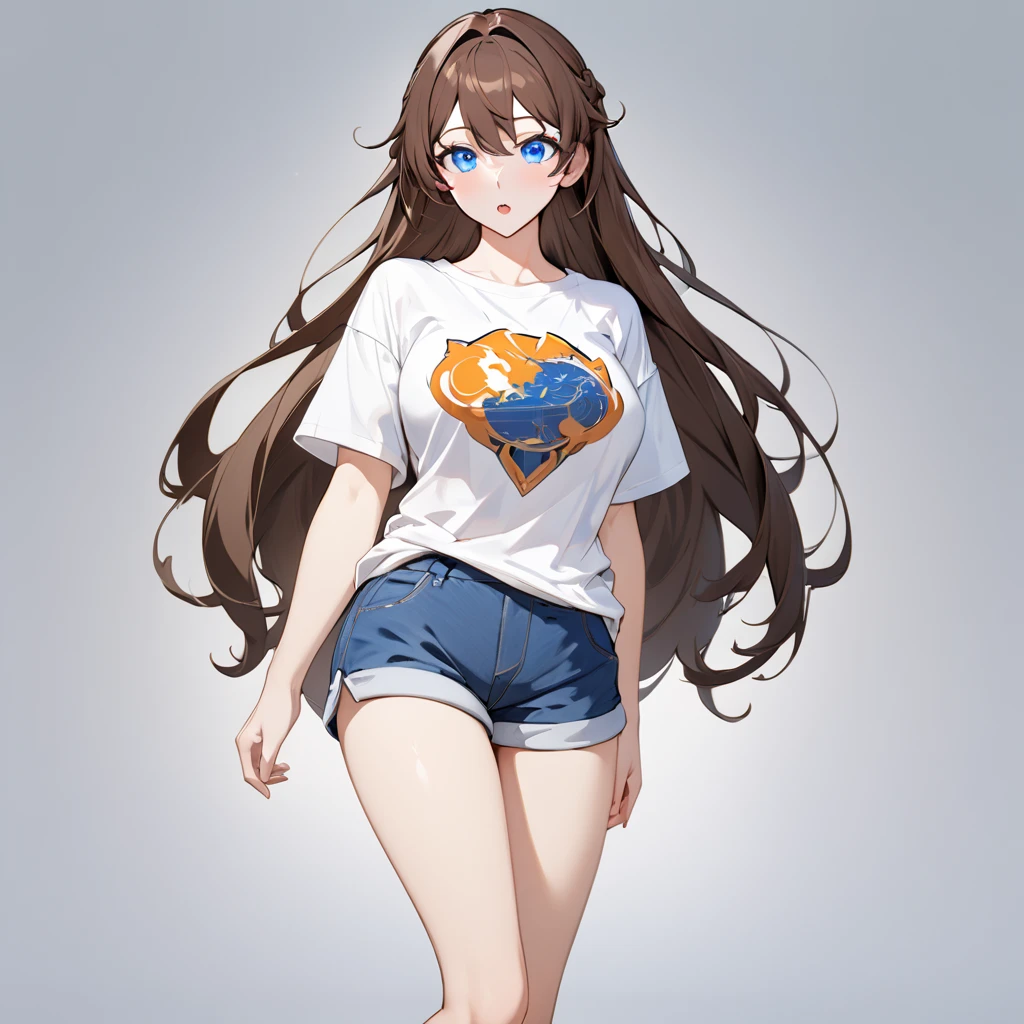 (( best quality)), ((masterpiece)),,full body,One female、 long hair、 Brown Hair、D cup breasts blue eyes、His face is well-formed.、 has a good balance of eyes, nose, and mouth。 Orthodox Heroine 。 casual t-shirts and 、 shorts balance the trademark 、The motif is Kiana 