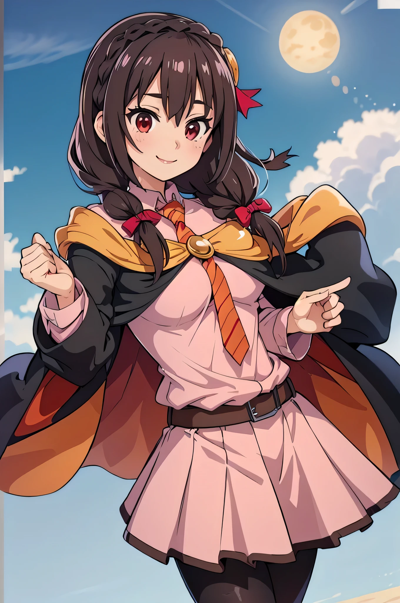 (masterpiece,  top quality ),  One girl ,    Yunyun, long hair, braided , twin tails, hair between eyebrows,hair bow, hair accessories, Big Breasts ,(Cape:1.2), ties, shirt,pink  shirt, Long Sleeve ,belt, pink skirt, pantyhose, loafers without pants,Brown footwear、smile、Side view