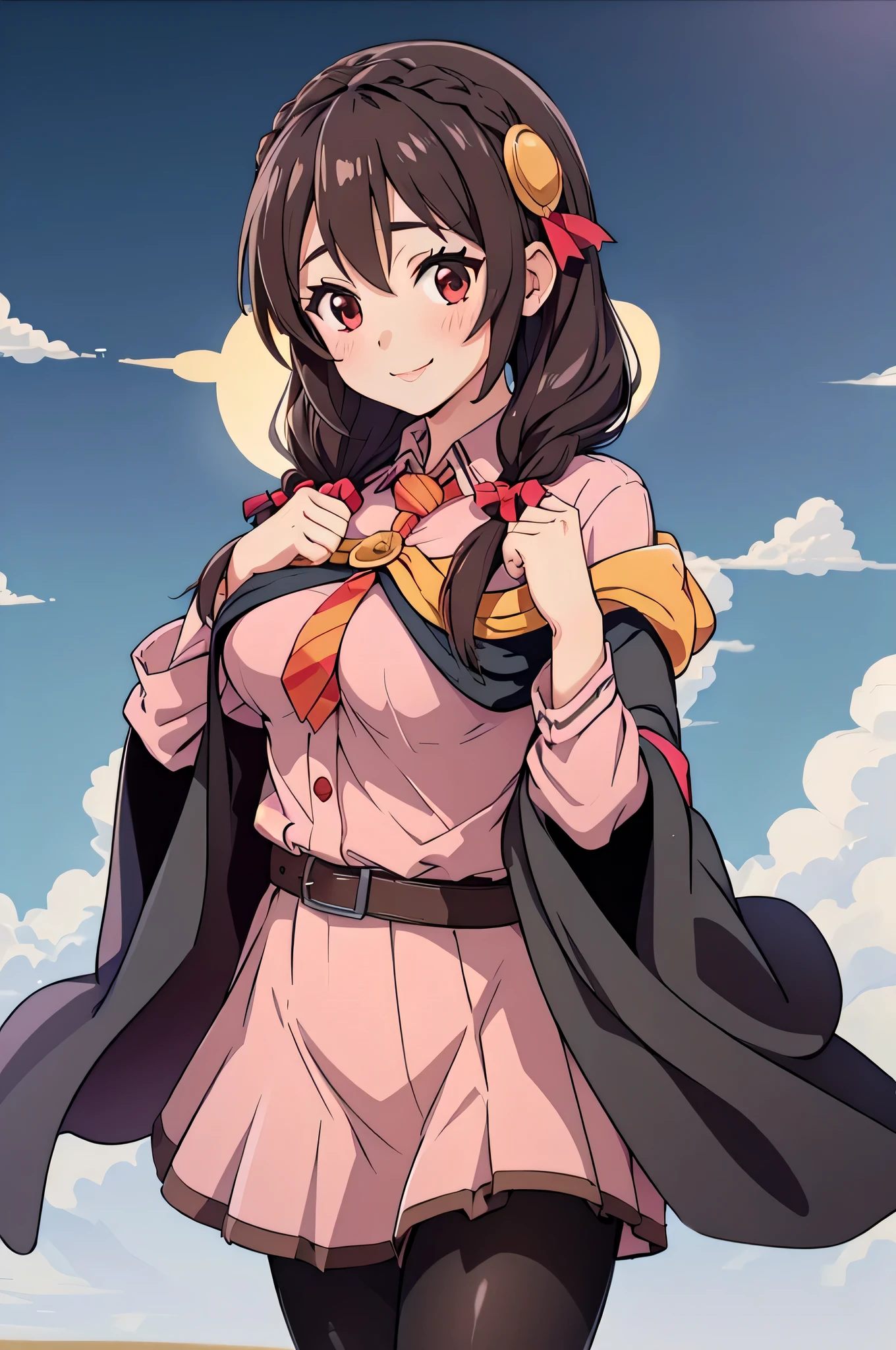 (masterpiece, top quality ), One girl , Yunyun, long hair, braided , twin tails, hair between eyebrows,hair bow, hair accessories, Big Breasts ,(Cape:1.2), ties, shirt,pink shirt, Long Sleeve ,belt, pink skirt, pantyhose, loafers without pants,Brown footwear、smile