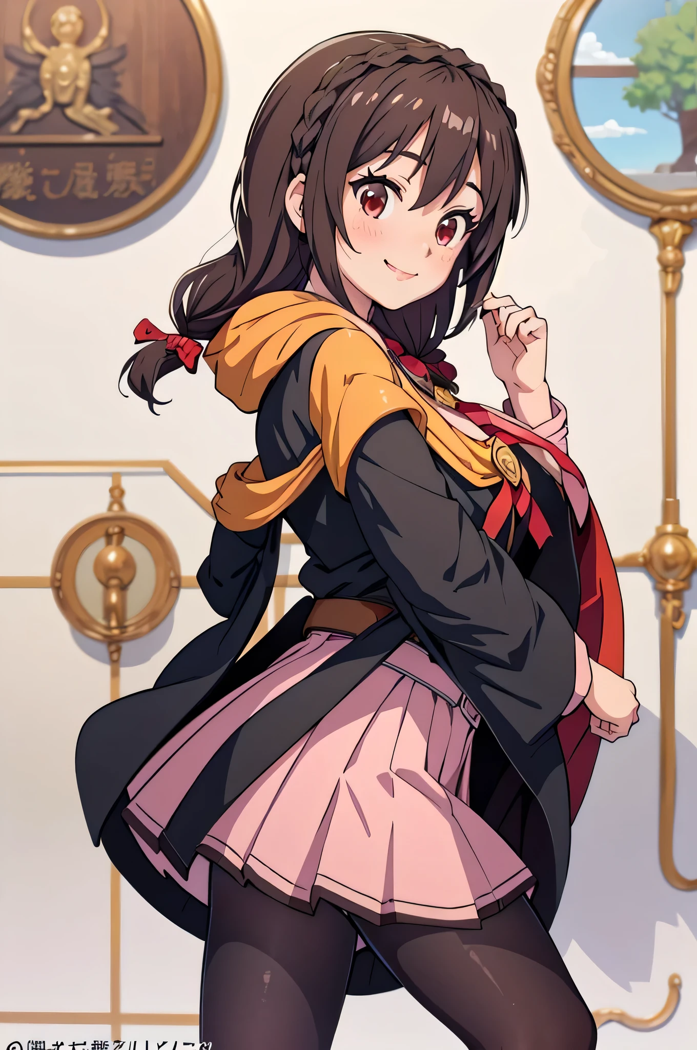 (masterpiece, top quality ), One girl , Yunyun, long hair, braided , twin tails, hair between eyebrows,hair bow, hair accessories, Big Breasts ,(Cape:1.2), ties, shirt,pink shirt, Long Sleeve ,belt, pink skirt, pantyhose, loafers without pants,Brown footwear、smile、Side view