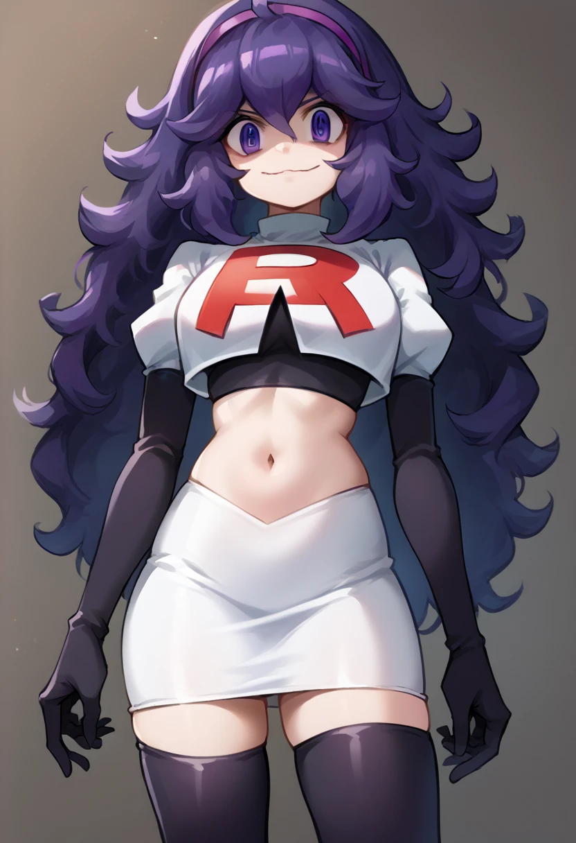 score_9, score_8_up, score_7_up, source_anime,
hexmaniac, hex maniac, hairband, messy hair, purple eyes, purple hair, purple hairband,
looking at viewer, cowboy shot, team rocket,team rocket uniform,white skirt,red letter R,crop top,black thigh-highs,black elbow gloves