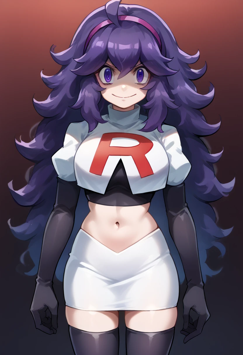 score_9, score_8_up, score_7_up, source_anime,
hexmaniac, hex maniac, hairband, messy hair, purple eyes, purple hair, purple hairband,
looking at viewer, cowboy shot, team rocket,team rocket uniform,white skirt,red letter R,crop top,black thigh-highs,black elbow gloves