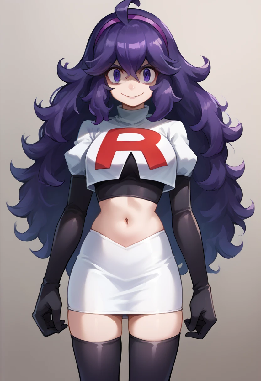 score_9, score_8_up, score_7_up, source_anime,
hexmaniac, hex maniac, hairband, messy hair, purple eyes, purple hair, purple hairband,
looking at viewer, cowboy shot, team rocket,team rocket uniform,white skirt,red letter R,crop top,black thigh-highs,black elbow gloves