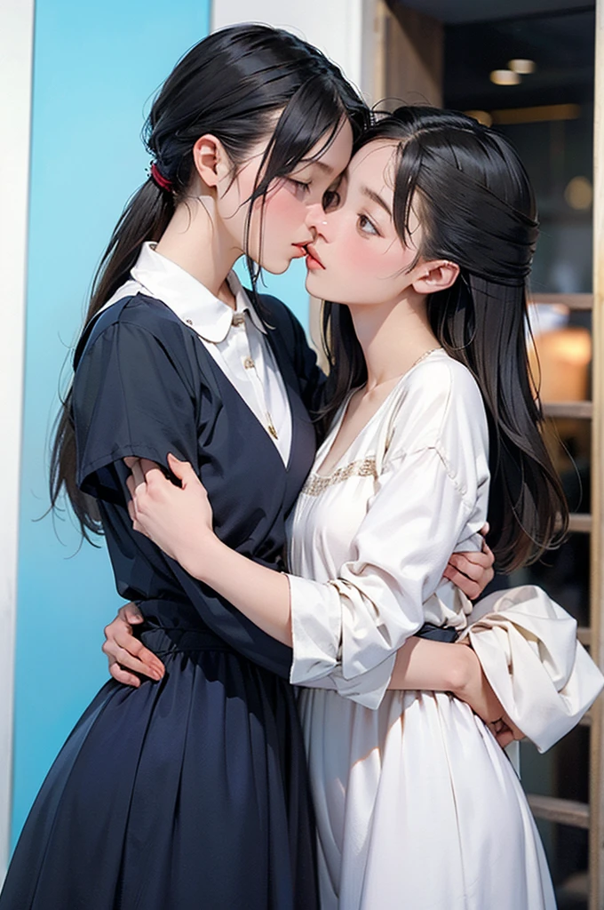 Two girls modern One girl is holding her hand on top of the other girl, the other girl is leaning back against the table, and the girl on it is kissing the other girl --auto