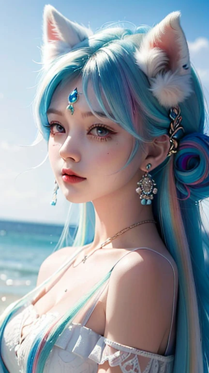 Beautiful girl with furry cat ears, intricate gold jewelry, Luxurious headdress,  elegant silk clothing  , shaggy cat ears on her head  ,  rich gemstone colors  ,  cinematic composition  ,  detailed facial features  , elegant lace patterns  ,  luxurious palace interior  , Luxurious textures, dramatic shadows,  ornate architectural details  ,  8 thousand , Photorealistic portrait of a girl with cat ears.  