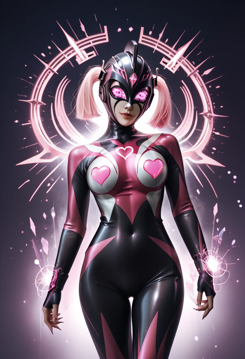 Dark UltraWoman. （high quality）（luster）（(Black Face and red eyeline)）（Black and purple thema color. black helmet. A full-face helmet. Pink lines. Purple glowing mechanical eyes. The whole body is covered with a black bodysuit. Thick legs. Spike decoration. Pink lines all over the body. Heart tattoo . purple coloreye. pink glow crystal. pink sharp claw. Night background.