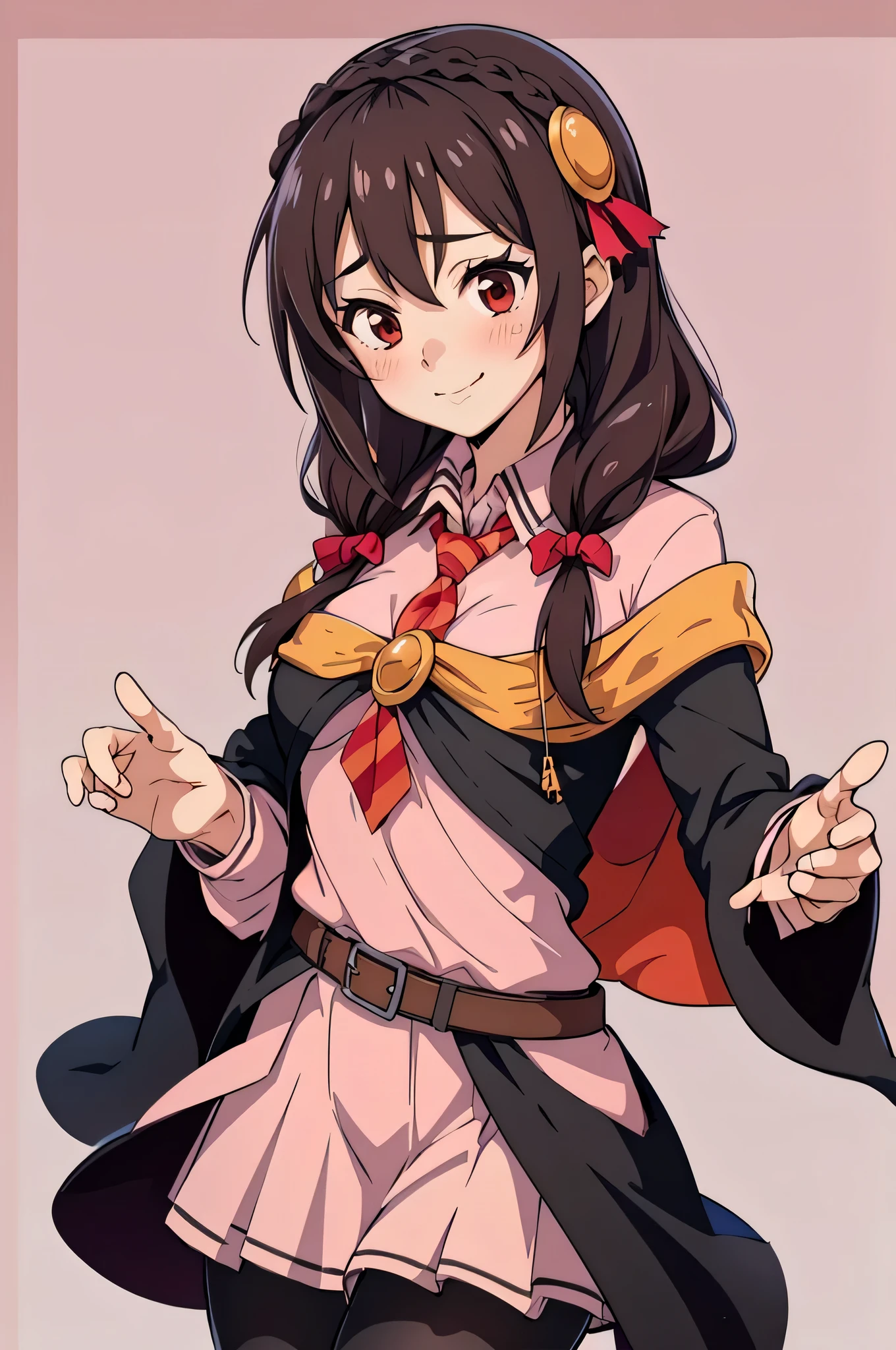 (masterpiece,  top quality ),  One girl ,    Yunyun, long hair, braided , twin tails, hair between eyebrows,hair bow, hair accessories, Big Breasts ,(Cape:1.2), ties, shirt,pink  shirt, Long Sleeve ,belt, pink skirt, pantyhose, loafers without pants,Brown footwear、 embarrassed smile、 is a woman who seems to be strong 