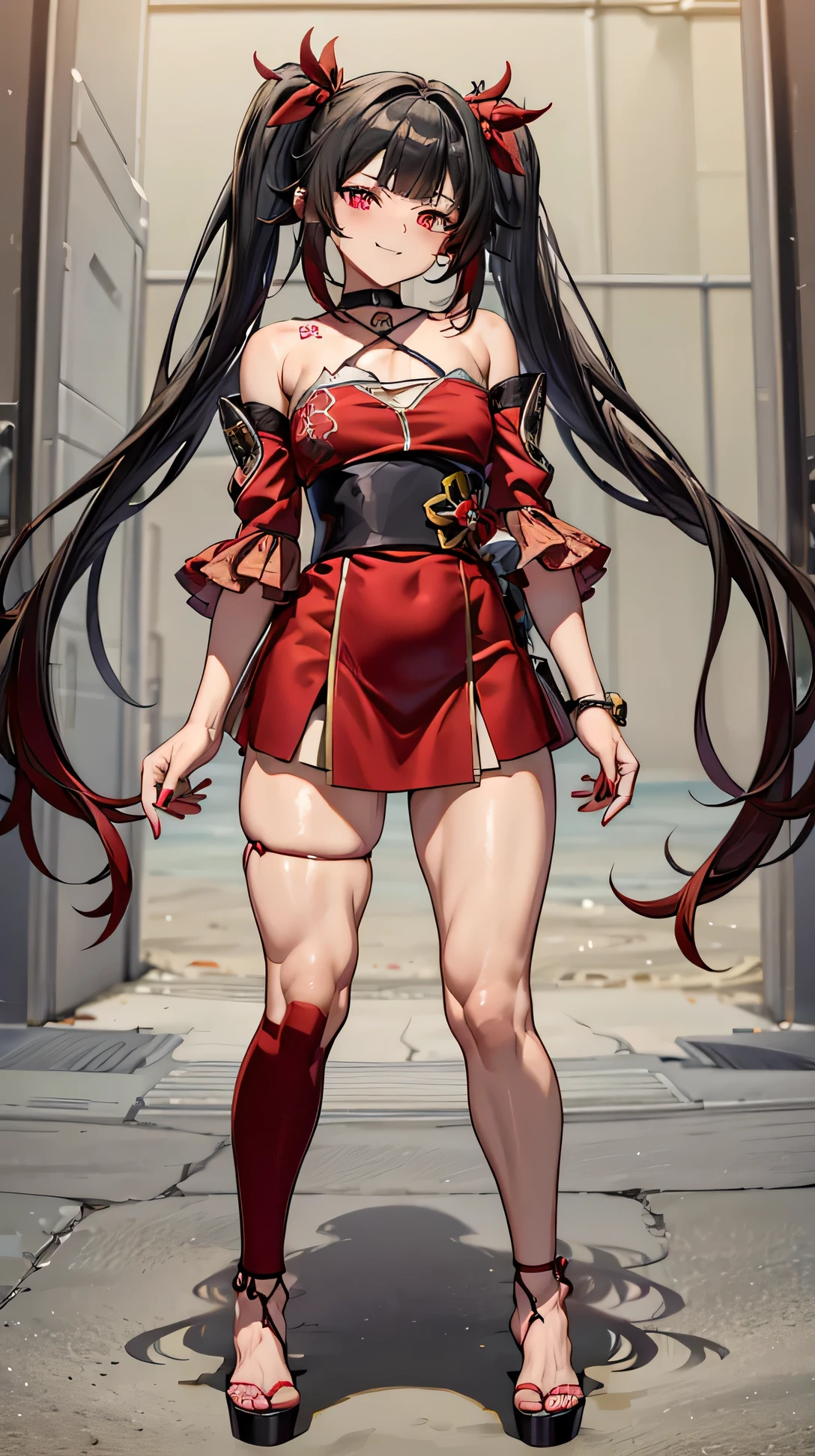 type: Digital Art
style: Anime Style
color: Predominantly red with black and white contrasts.
main character details:
Eye color: Bright crimson red, with luminous highlights.
Hair color: Black with red highlights.
Hairstyle: Long with twin tails, adorned with traditional red and gold hair ornaments, (((Sly and playful smile with a touch of mischief))), (sadistic), muscular legs, (beach scene), standing , full body photo, well done nails, red nails