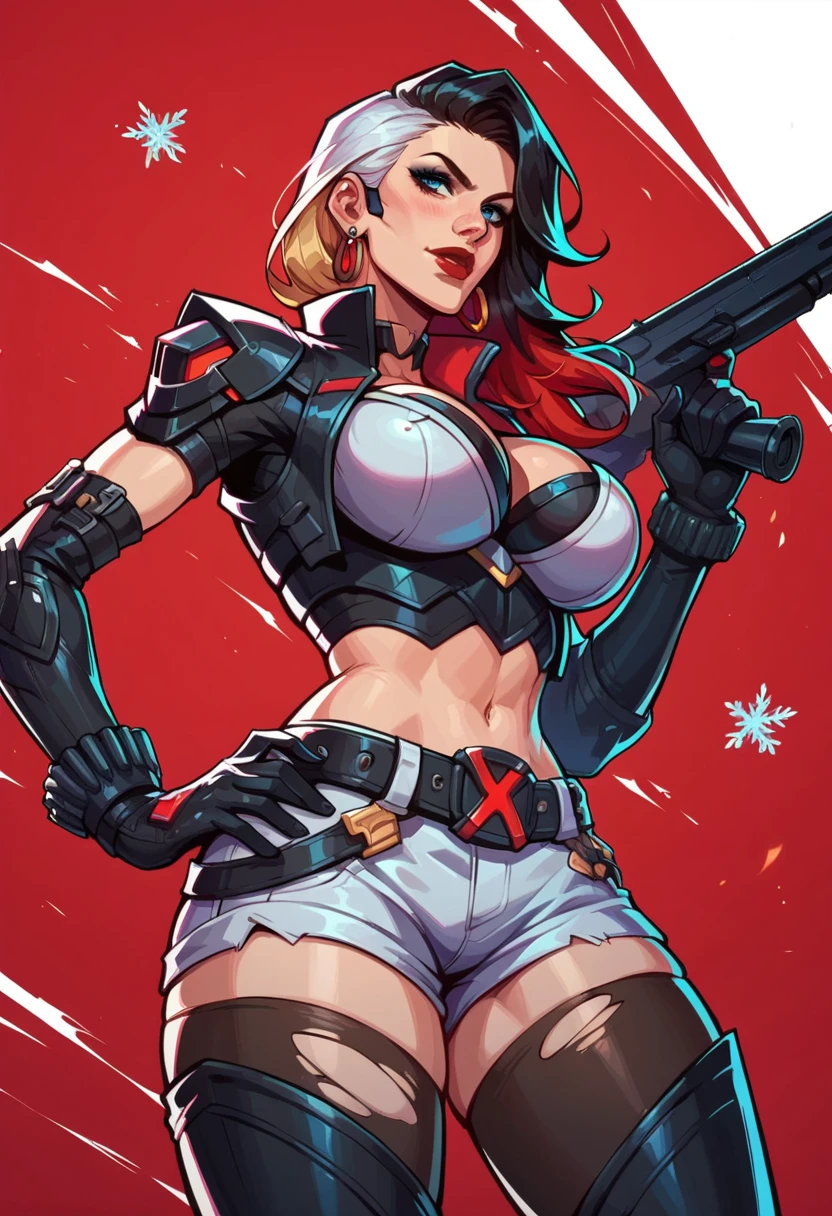 score_9, score_8_up, score_7_up, score_6_up, expressiveh, magik_rivals, 1girl, solo, cowboy shot, blonde hair, long hair, hair accessory, eyeliner, blue eyes, earrings, cropped bodysuit, black bodysuit, armor, belt, gloves, black gloves, black clothes, pauldrons, midriff, navel, short shorts, yellow details, pantyhose, ripped pantyhose, spikes, holding sword, holding weapon, huge weapon, magik sword, glowing sword, yellow sword, weapon, posing, hand on hips, simple background, simple background, geometric shapes score_9, score_8_up, score_7_up, score_6_up, expressiveh, blackwidow_rivals, 1girl, solo, cowboy shot, red hair, asymmetrical hair, headset microphone, eyeliner, blue eyes, red lips, bodysuit, black bodysuit, gloves, black gloves, forearm guns, black clothes, red details, red glow, baton_(weapon), holding weapon, sniper rifle, holding sniper rifle, huge weapon, posing, hand on hips, red sparks, red background, geometric shapes, looking at viewer, geometric pattern on background, scocore_9, score_8_up, score_7_up, 1girl, lunasnow, black hair, white hair, two-tone hair, blue eyes, large natural saggy breasts, breast squeeze between arms, sexy expression, blush, dramatic lighting, pretty girl, depth of field, bokeh blur, pool, reflection, neon, glowing, teal theme, sexy expression, looking at viewer, white bikini, cowboy shot, arched back, low angle, dynamic pose, snowflakes score_9, score_8_up, score_7_up, score_6_up, score_5_up, score_4_up, masterpiece, ultra-detailed, high resolution, lunafrost, 1girl, solo, gloves, cropped jacket, shorts, thighhighs, jacket, elbow gloves, boots, black footwear, thigh boots, breasts, open hands, animification, huge breasts, multicolored hair, smile, white shorts, city, streets, cleavage, thick thighs, huge ass, jay marvel style
