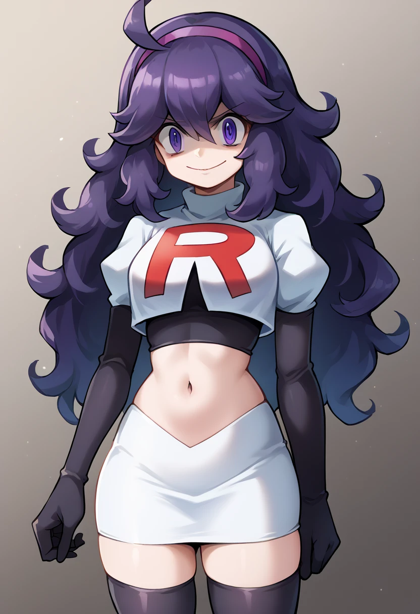 score_9, score_8_up, score_7_up, source_anime,
hexmaniac, hex maniac, hairband, messy hair, purple eyes, purple hair, purple hairband, @ @,
looking at viewer, cowboy shot, team rocket,team rocket uniform,white skirt,red letter R,crop top,black thigh-highs,black elbow gloves