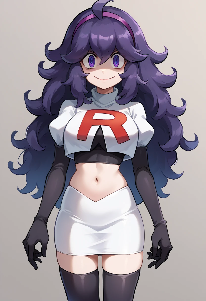 score_9, score_8_up, score_7_up, source_anime,
hexmaniac, hex maniac, hairband, messy hair, purple eyes, purple hair, purple hairband, @ @,
looking at viewer, cowboy shot, team rocket,team rocket uniform,white skirt,red letter R,crop top,black thigh-highs,black elbow gloves