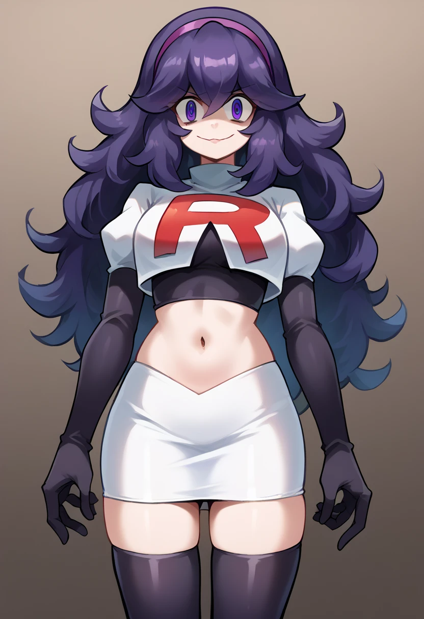 score_9, score_8_up, score_7_up, source_anime,
hexmaniac, hex maniac, hairband, messy hair, purple eyes, purple hair, purple hairband, @ @,
looking at viewer, cowboy shot, team rocket,team rocket uniform,white skirt,red letter R,crop top,black thigh-highs,black elbow gloves