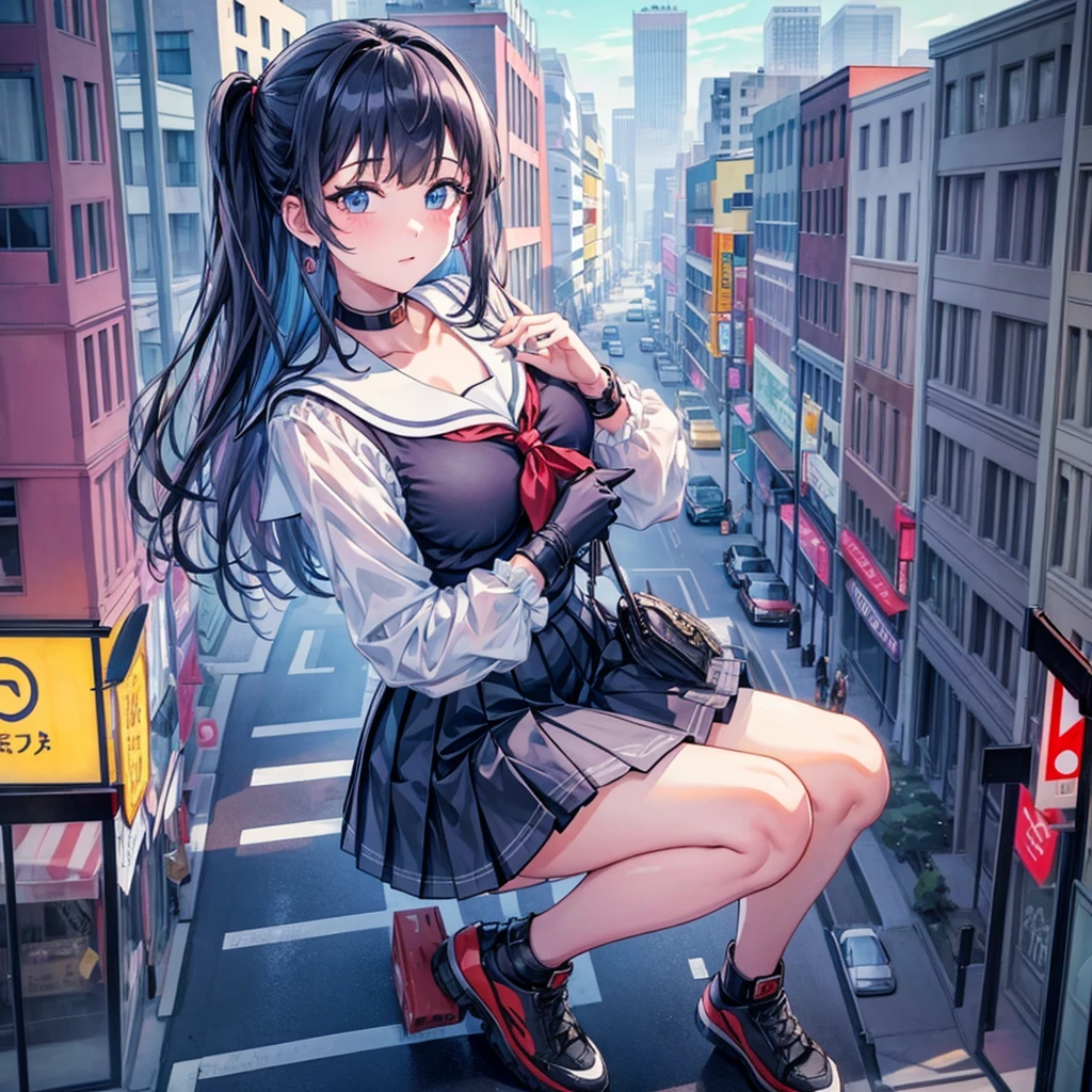 Very detailed, Absurd, Ultra-high resolution, Super detailed, Highest quality, One girl, alone, Nice hands, Perfect hands, Break Lanky,Gothic Dress,Nylon clothing,Denim dress,Saddle Jacket,Red tartan check pleated skirt BREAK (Grin, Wicked Smile:1.2), Open your mouth, Blake Slender Standing, cute, Perfectly symmetrical face, 超cute girl, 超cute face, Very detailed目, Super detailedな髪, 超cute, Super beautiful, Break in Harajuku, Shibuya Ward, Tokyo, street, crowd, Cityscape, Blake Medium Large Bust, black hair, blue eyes, Twin tails, squatting, spread legs, white thong, peace sign, from flont,