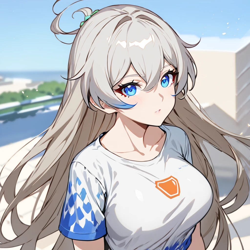 (( best quality)), ((masterpiece)),full body,A female character inspired by Kiana Kaslana from Honkai Impact 3rd. She has long brown hair and large, expressive blue eyes. Her facial features are well-balanced, with a classic beauty that reflects her bright and cheerful personality. She has a large bust, around D-cup size, adding to her feminine charm. She is a quintessential heroine with a casual outfit, consisting of a simple T-shirt and shorts, which is her trademark look.