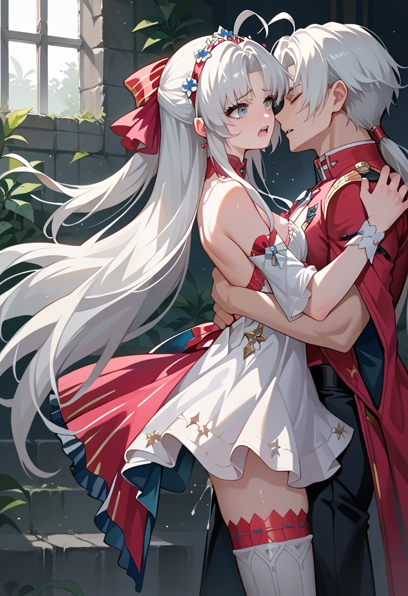 score_9, score_8_up, score_7_up, BREAK source_anime, (masterpiece), (best quality), 1girl, long hair, white hair, ahoge, dress, thighhighs, (ultra detailed), grey eyes, naked, 1male, sex, rape