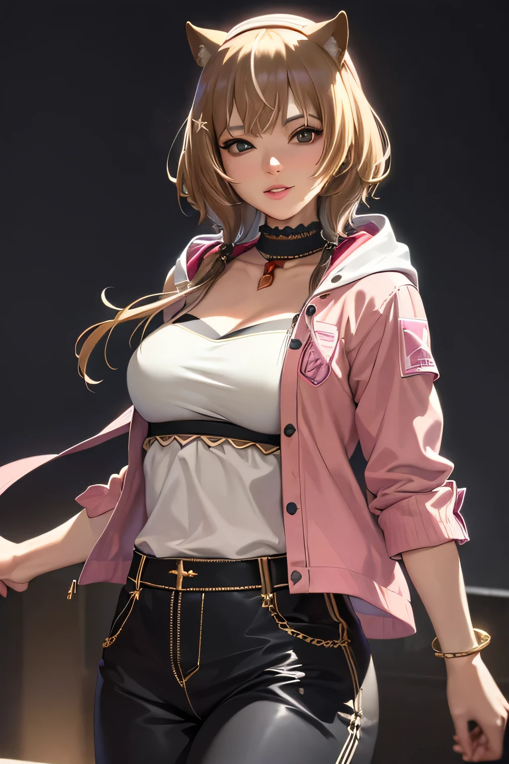 (((top-quality, 8K,超A high resolution、ultra-detailliert))),1girl in,female high-school student,a beauty girl,Street attire,((Hooded Neon Over Jacket,shortpants,)))、(Shorthair with light brown hair,Colorful Extended Hair),perfectbody,skinny, Tied waist,Beautiful face, acurate, Anatomically correct, Highly detailed face and skin texture, Big eyes drawn in detail, Double eyelids, Thin eyebrows, Glitter Eyeliner: 1 Natural cheeks, Glossy skin, Fair skin: 1.2, (Glossy lips: 1.4),Highly detailed facial and skin texture, Detailed eyes, Double eyelids, Natural cheeks, , shiny lips: 1.4,Simple necklace and earrings,Smile and watch the viewer,Walking in the city,【Not blurry,profetional lighting,Professional effects、(masutepiece: 1.3), (max resolution: 1.2), (Ultra HDTV: 1.2),octanerender, Fujifilm X100, Intense cinematic shots, Shallow depth of field, Volumetric lighting, kintsugi,(8K、Raw photography、​masterpiece:1.4)、(、Photorealsitic:1.37)、Shot with CineStill 800T、(Extreme top quality:1.3)、((depth of fields:))、absurderes、(超A high resolution、extremery detailed CG、hight resolution、ultra-detailliert、a picture、A hyper-realistic、ultra-detailliert、Cinematic atmosphere、8K UHD、insanely detaileda、trending on artstationh、awardwinning photo、extremely detailed photo、hight resolution:1.5)】No tags or text, cleavage, massive , off shoulder, unbuttoned jeans, ((CAT EARS))