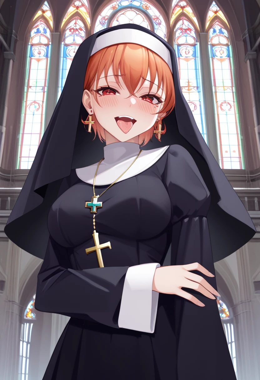 、伝統的なNuns、Nuns、Monastic Clothes、 Long Sleeve 、 dress、黒い dress、gem、 black veil、 Cross 、 Cross のネックレス、,score_9、 score_8_  up、 score_7_  up、 Destroys Top Quality 、 Refined details 、  source anime 、  1 girl、 mikamo_black、 red eyes、 mole under eye、 orange hair、 short hair、Big hair、 The Last Minor、 braids、Stud earrings、  Enchanting Poses  ,blush,Ahegao ,  seductive smile 、indoor、church