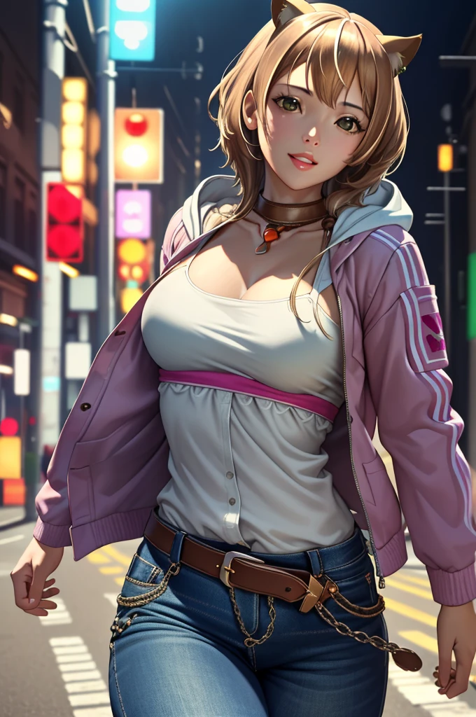 (((top-quality, 8K,超A high resolution、ultra-detailliert))),1girl in,female high-school student,a beauty girl,Street attire,((Hooded Neon Over Jacket,shortpants,)))、(Shorthair with light brown hair,Colorful Extended Hair),perfectbody,skinny, Tied waist,Beautiful face, acurate, Anatomically correct, , Glossy skin, Fair skin: 1.2, (Glossy lips: 1.4),Highly detailed facial and skin texture, Detailed eyes, Double eyelids, Natural cheeks, , shiny lips: 1.4,Simple necklace and earrings,Smile and watch the viewer,Walking in the city,【Not blurry,profetional lighting,Professional effects、(masutepiece: 1.3), (max resolution: 1.2), (Ultra HDTV: 1.2),octanerender, Fujifilm X100, Intense cinematic shots, Shallow depth of field, Volumetric lighting, kintsugi,(8K、Raw photography、​masterpiece:1.4)、(、Photorealsitic:1.37)、Shot with CineStill 800T、(Extreme top quality:1.3)、((depth of fields:))、absurderes、(超A high resolution、extremery detailed CG、hight resolution、ultra-detailliert、a picture、A hyper-realistic、ultra-detailliert、Cinematic atmosphere、8K UHD、insanely detaileda、trending on artstationh、awardwinning photo、extremely detailed photo、hight resolution:1.5)】No tags or text, cleavage, massive , off shoulder, unbuttoned jeans, ((CAT EARS))