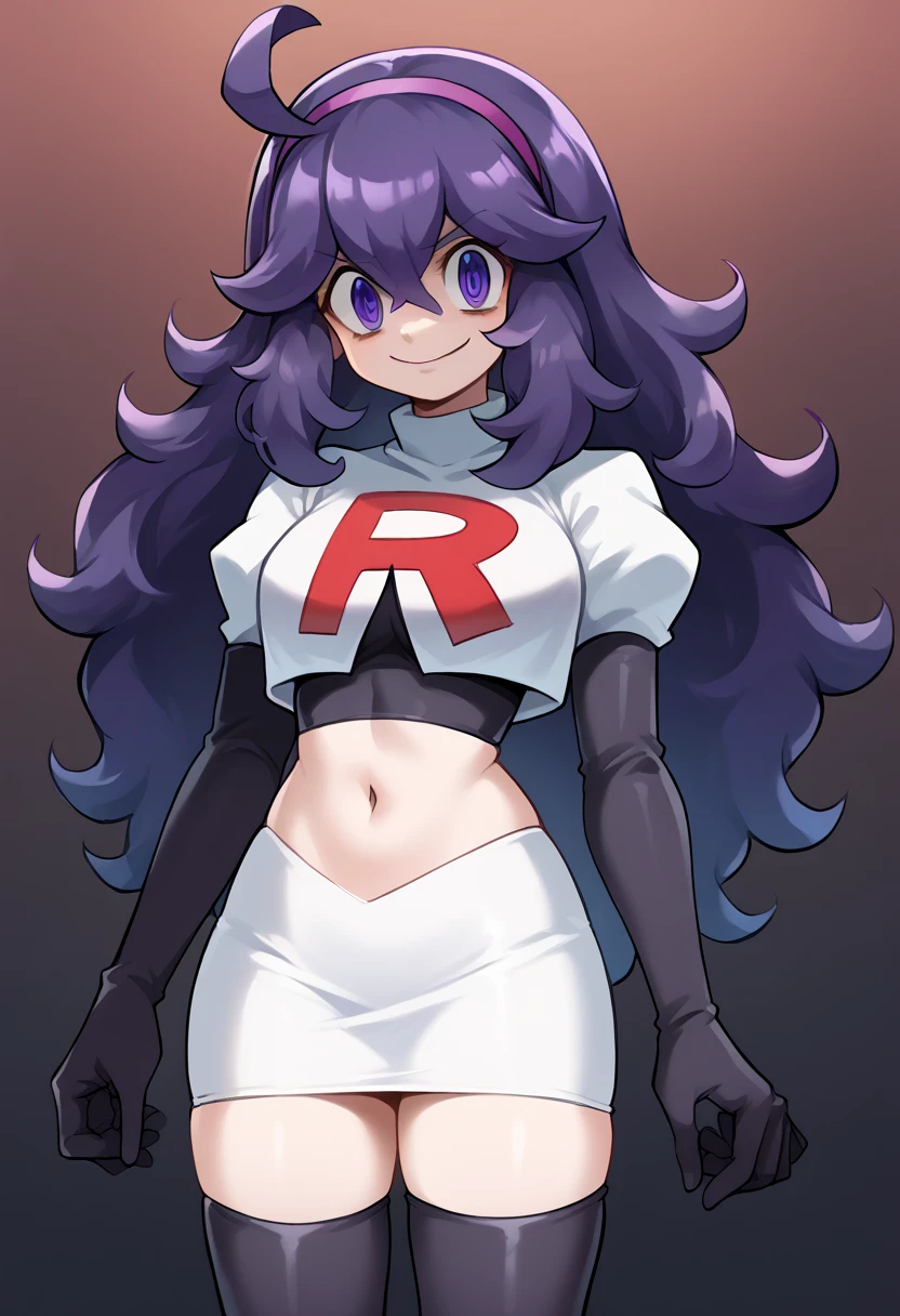 score_9, score_8_up, score_7_up, source_anime,
hexmaniac, hex maniac, hairband, messy hair, purple eyes, purple hair, purple hairband, @ @,
looking at viewer, cowboy shot, team rocket,team rocket uniform,white skirt,red letter R,crop top,black thigh-highs,black elbow gloves