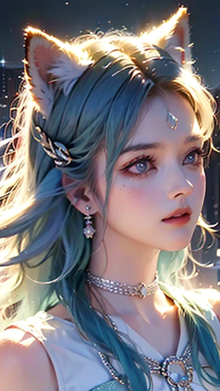 Beautiful girl with furry cat ears, intricate gold jewelry, Luxurious headdress,  elegant silk clothing  , shaggy cat ears on her head  ,  rich gemstone colors  ,  cinematic composition  ,  detailed facial features  , elegant lace patterns  ,  luxurious palace interior  , Luxurious textures, dramatic shadows,  ornate architectural details  ,  8 thousand , Photorealistic portrait of a girl with cat ears.  