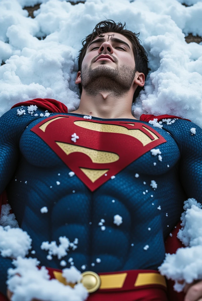 Cody Christian attractive, muscular, strong physique, dressed in a Superman costume, yellow belt, with his head tilted slightly upward and his eyes closed, He lies in the snow, with an expression of pain, with blood on his lips, full body shot