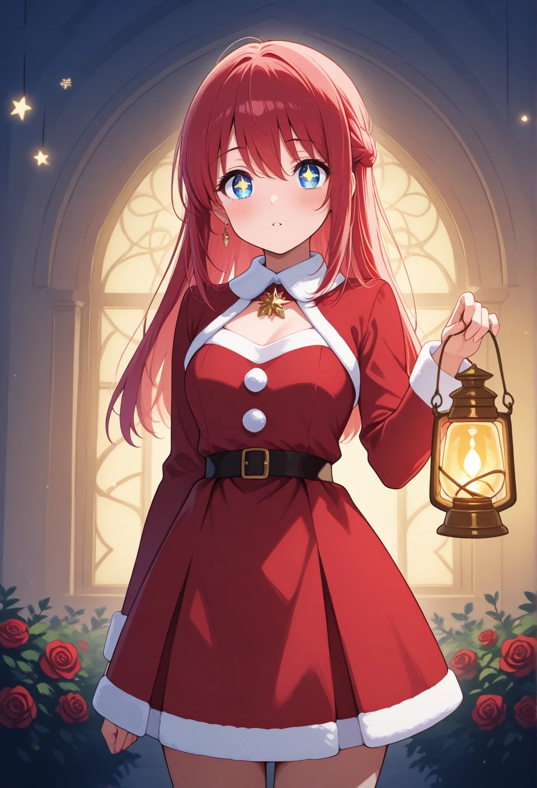 "A joyful Christmas girl with sparkling eyes and rosy cheeks, wearing a cozy red velvet dress with white fur trim, holding a glowing lantern in her hand. She stands in a magical winter garden filled with vibrant red roses dusted with frost, twinkling fairy lights wrapped around the rose bushes. Snowflakes gently fall, and the warm golden glow of the lantern contrasts with the cool winter evening, creating a dreamy and festive atmosphere