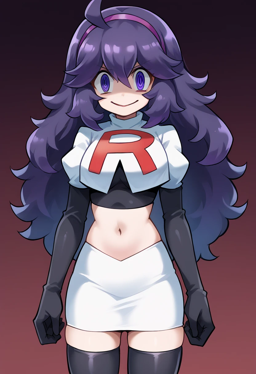 score_9, score_8_up, score_7_up, source_anime,
hexmaniac, hex maniac, hairband, messy hair, purple eyes, purple hair, purple hairband, @ @,
looking at viewer, cowboy shot, team rocket,team rocket uniform,white skirt,red letter R,crop top,black thigh-highs,black elbow gloves