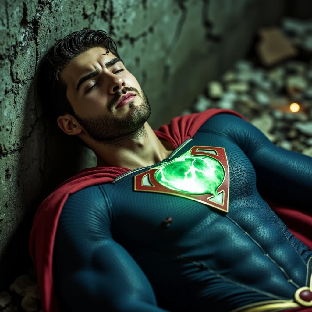  A muscular Cody Christian handsome muscular,tanned skin,chiseled jaw,strong physique, dressed in a tattered and torn Superman suit, with a blue suit, red and gold details, around 30 years old, with a small beard. He has a pained expression, with gloomy eyes.  He lies on the ground leaning against a wall in the middle of a dungeon, a glowing emerald green crystal pendant hanging from his neck, radiating green lightning bolts. He looks weak and in pain, with one hand on his chest, his eyes closed and  his mouth slightly open in extreme pain