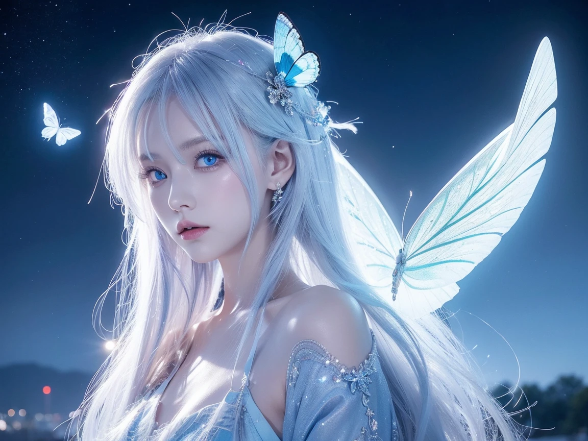 magical, white hair coulor, teenager,blue eyes, anime, female, longhairs, tidy, fantacy,blue tone, glowing blue butterfly, beautiful, blur behide, nightglow,divine , deity, night time, chinese dress, goddess, fantacy land, deity land, god land, angle, dream, more butterfly ,crystal, soul land, beautiful aura, full of power, gorgeous, dusts, crystal, dress,