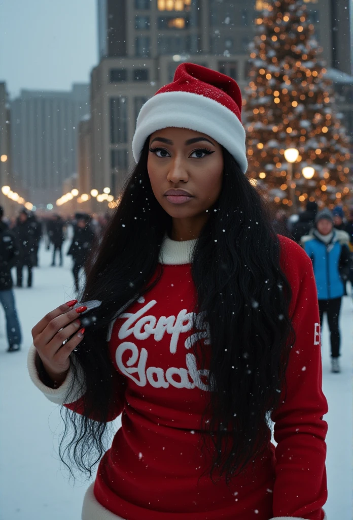 A cinematic photo of (Nicki Minaj) with long black hairs wearing a Christmas outfit, Santa claus outfit, Christmas tree, with the model's flawless skin glowing like a beacon of hope amidst the snowy city landscape. photographed with a shallow depth of field to blur the bleak surroundings, emphasizing her striking, full body,